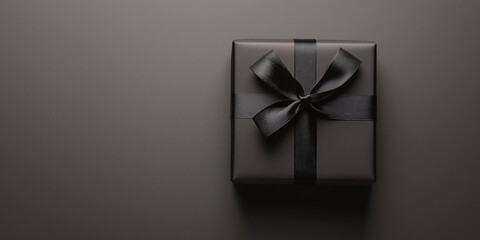 Elegant black gift box on dark background with satin ribbon, Christmas, birthday, Black Friday concept