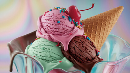 Triple Scoop of Summer Delight: A vibrant ice cream sundae overflows with flavor and color, featuring scoops of chocolate, strawberry, and pistachio, topped with a cherry and sprinkles.