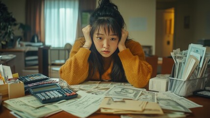 Young Woman Stressed Over Finances  Bills  and Money
