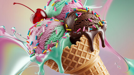 Ice Cream Cone Splash: A symphony of summer sweetness with a vibrant ice cream cone bursting with flavors, adorned with a cherry and sprinkles, creating a delightful splash of cool indulgence.  