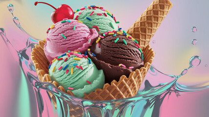 Ice Cream Splash: A symphony of flavors - chocolate, strawberry, and mint - burst forth in a dazzling display of ice cream scoops, a waffle cone, and a cherry, set against a vibrant, abstract backgrou