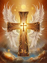 Christian Golden Holy Cross with Angel Wings, Dove and Bible for Poster, wallpaper and decoration