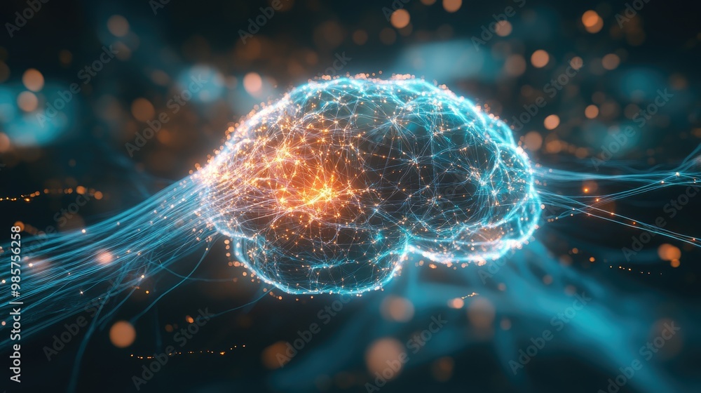 Poster human brain with neural connections lighting up, demonstrating synapses and neurological functions i