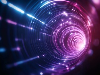 Abstract glowing vortex of purple and blue lights with circular motion.