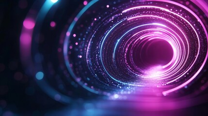 Abstract neon futuristic tunnel with glowing lights, purple and blue hues.