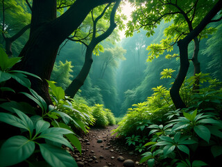 Fototapeta premium Serene Lush Forest Scene with Towering Trees and Vibrant Greenery Creating Natural Archway - Captivating Features of Dense Foliage with Rich Variety of Leaves Bathed in Ambient Light