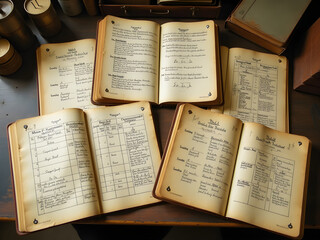 Vintage Books on Wooden Table with Handwritten Notes, Tables, and Charts - Detailed Record-Keeping in Well-Worn Leather Covers, Showcasing History and Authenticity with Yellowed Pages and Intricate