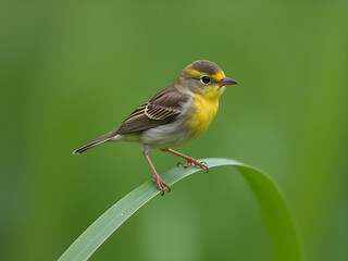 Fototapeta premium Vibrant Bird Perched on Green Grass Blade with Blurred Lush Greenery Background, Striking Yellow Throat and Underbelly, Expressive Eyes, Tranquil Nature Scene, Wildlife Graceful Composition