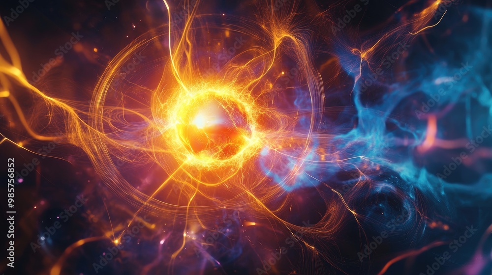 Poster illustration of a photon colliding with an electron, representing particle physics and the photoelec