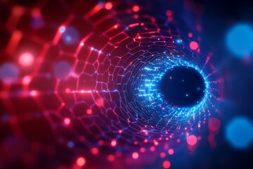 Futuristic digital network tunnel with glowing lights, abstract background