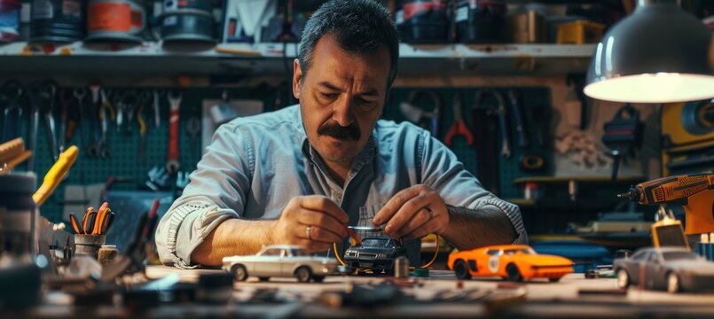 Man Assembling Model Cars in Garage, Showcasing Craftsmanship and Attention to Detail
