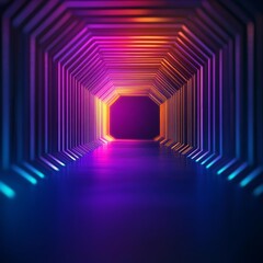 Futuristic neon lit tunnel with gradient colors, resembling a sci-fi environment.