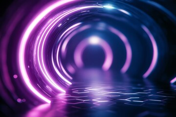 Fototapeta premium Futuristic neon-lit tunnel with circular design and honeycomb-patterned floor.