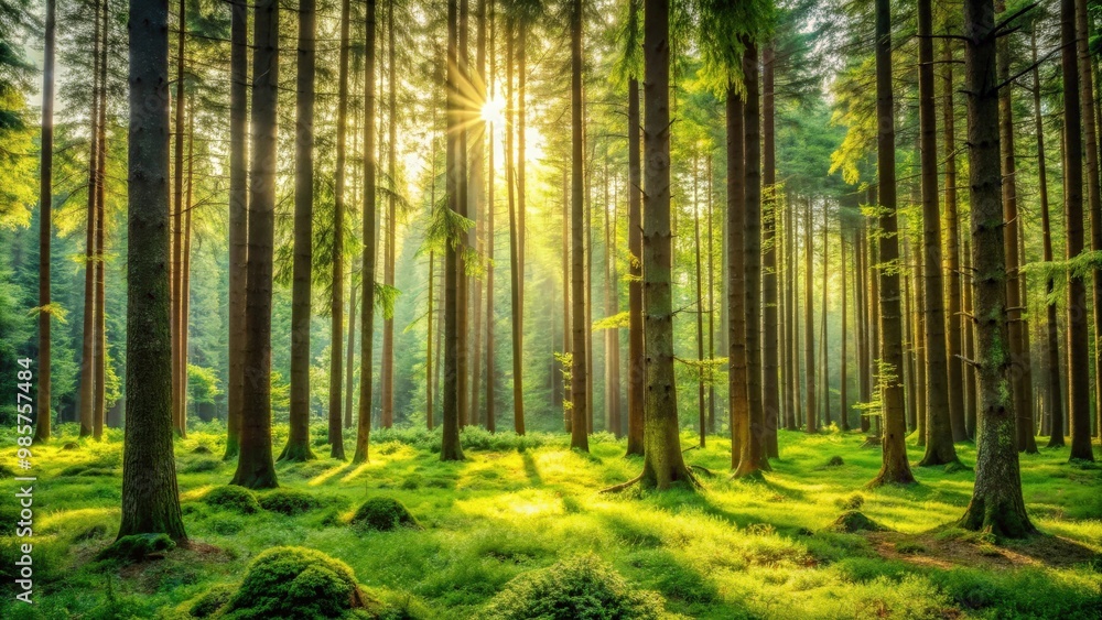 Poster serene forest scene with tall trees and lush greenery