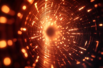 Obraz premium Futuristic tunnel with glowing orange lights, abstract digital background