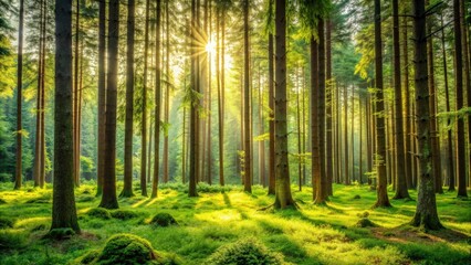 Obraz premium Serene forest scene with tall trees and lush greenery