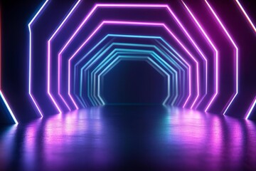 Neon glowing hexagonal tunnel, with blue and pink lights on reflective floor.