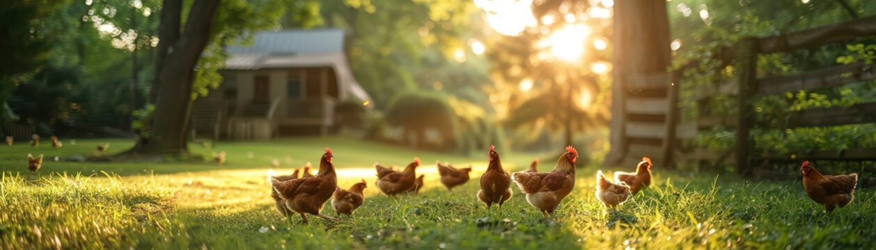 A sunny countryside with chickens roaming freely on green pastures, representing organic and sustainable farming. Free copy space for text.