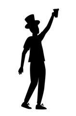 Man with Big Hat Holding Beer Silhouette. Sport Fan Celebration. Vector Flat Illustration.