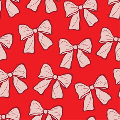 Bows seamless pattern.Pink Ribbon bows on red background.  Birthday, Christmas, and Valentine's Day decoration. Gift wrapping.