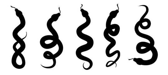 Snake silhouette. Chinese Zodiac. Beautiful set of black snakes. Modern animal drawing. Illustration of python, anaconda and other large snakes.