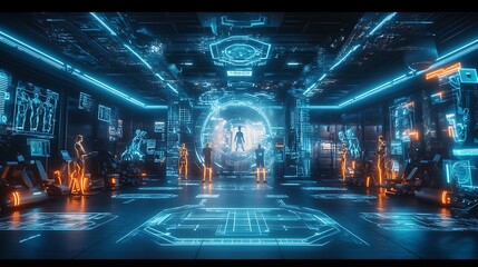 Futuristic sports gym scene in 4D with animated athletes training, glowing equipment, and intense action-packed atmosphere with virtual reality visuals and competition 