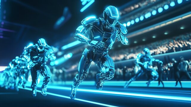 Futuristic sports robots competing in a high-tech virtual sports stadium, showing dynamic action with glowing lights and animated crowd cheering from the stands 