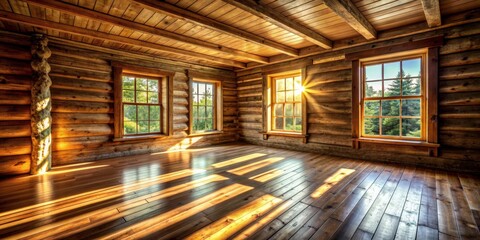 Empty room in rustic log cabin with wooden floor, sunlight streaming in through windows