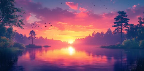 A picturesque sunset over a tranquil lake with a silhouette of trees in the foreground and a glowing horizon.