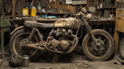 Fototapeta premium Dusty Vintage Motorcycle in a Workshop