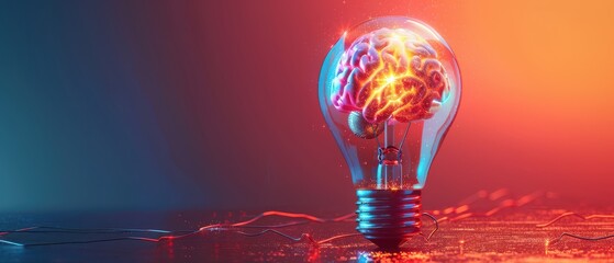A glowing brain inside a light bulb, symbolizing innovation, creativity, and the power of ideas. Free copy space for banner.