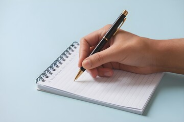 Hand poised with pen, ready to write on lined notepad, black pen visible
