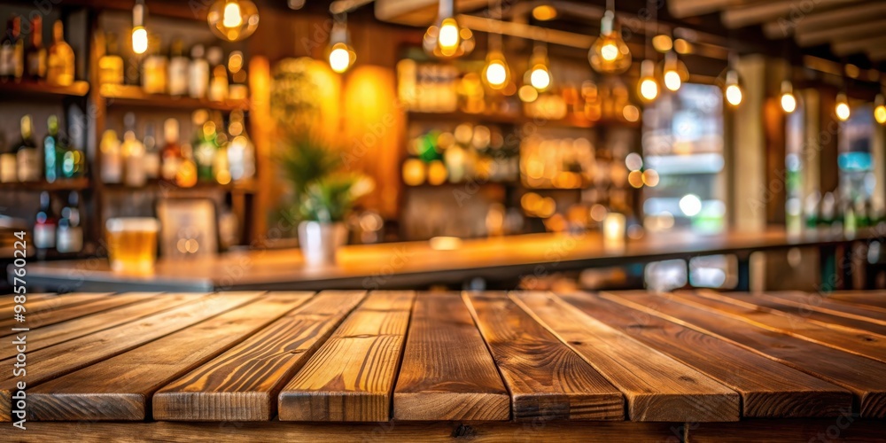 Aufkleber wooden table overlooking a blurred beverages bar backdrop, creating a cozy and inviting atmosphere