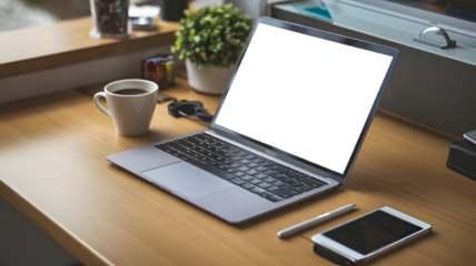 Modern Workspace With Laptop and Coffee on Wooden Desk