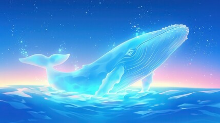 Fototapeta premium Enchanted frozen whale breaching through a glowing icy sea