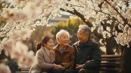 Happy Asian Family Sitting on Bench Under Cherry Blossom Tree in Spring