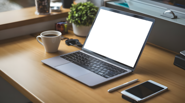 Modern Workspace With Laptop and Coffee on Wooden Desk