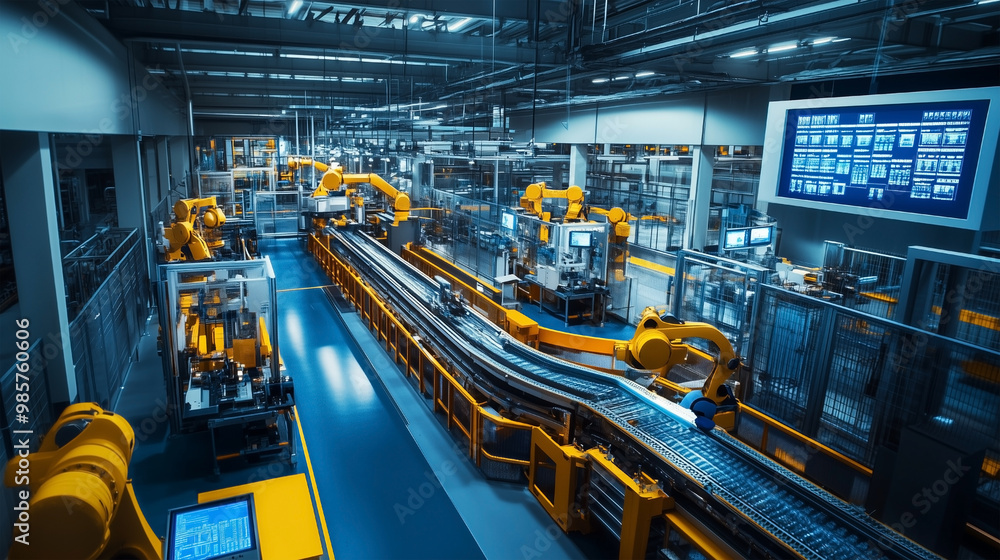 Poster a factory with a large screen on the wall showing the production line