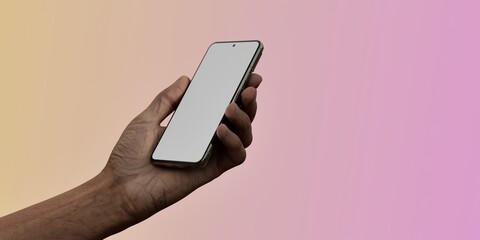 Asian male using smartphone with a blank white screen. Gradient, peach, lavender apps mockup. Vertical phone orientation