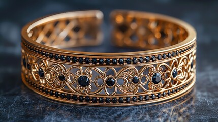 Elegant Gold Filigree Bracelet with Black Stones