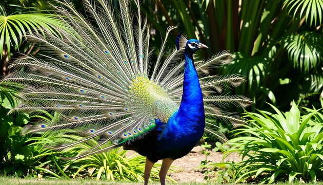 Paon color&eacute; avec sa queue d&eacute;ploy&eacute;e dans un jardin exotique