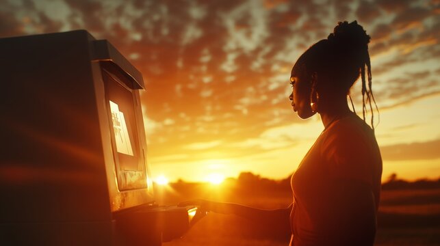 Golden Hour Transaction: A young woman, silhouetted against a vibrant sunset, utilizes an ATM, showcasing the intersection of technology and daily life in a striking visual.  
