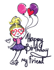 Cute cartoon girl with balloons, wearing a polka dot dress. 
