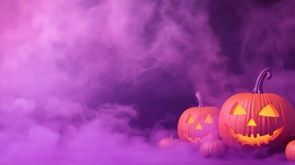 Halloween party background with purple mist and jack-o'-lanterns