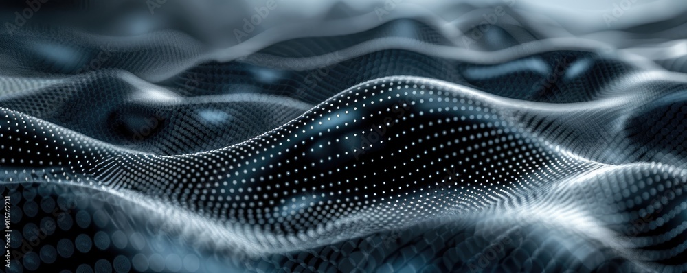 Poster dynamic digital wave pattern with glowing dots on dark backgroun