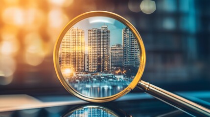 Cityscape viewed through a magnifying glass.