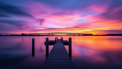 Obraz premium A long-exposure shot of a dock at sunset, with a large steel bridge in the distance
