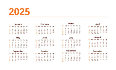 2025 year calendar layout. Week starts sunday. Desk planner template with 12 months. Organizer in English
