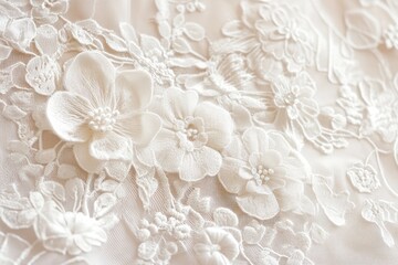 Intricate lace fabric texture in delicate white, creating floral patterns