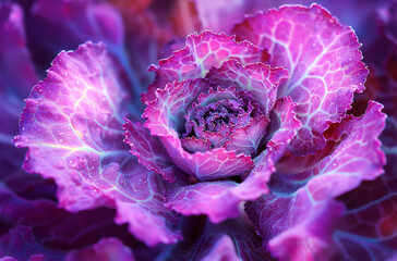 Close-up of an ornamental cabbage with vibrant pink and purple colors